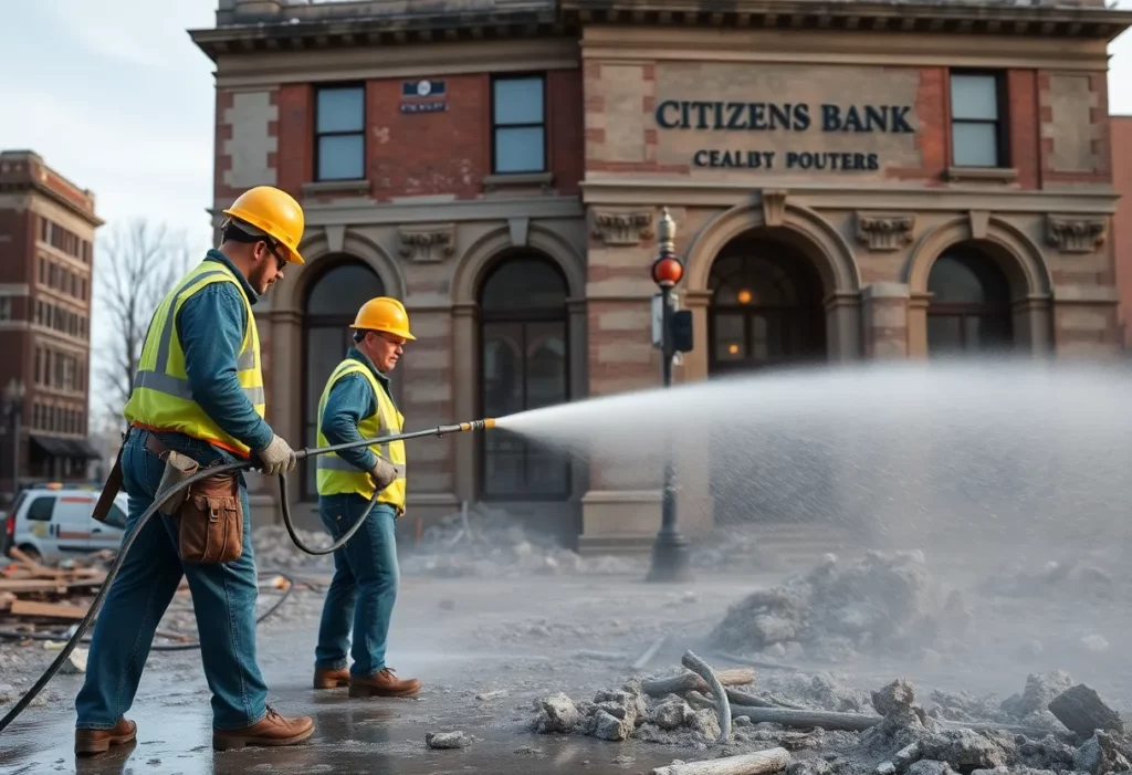 Construction workers managing asbestos during demolition of Citizens Bank Building in Jonesboro.