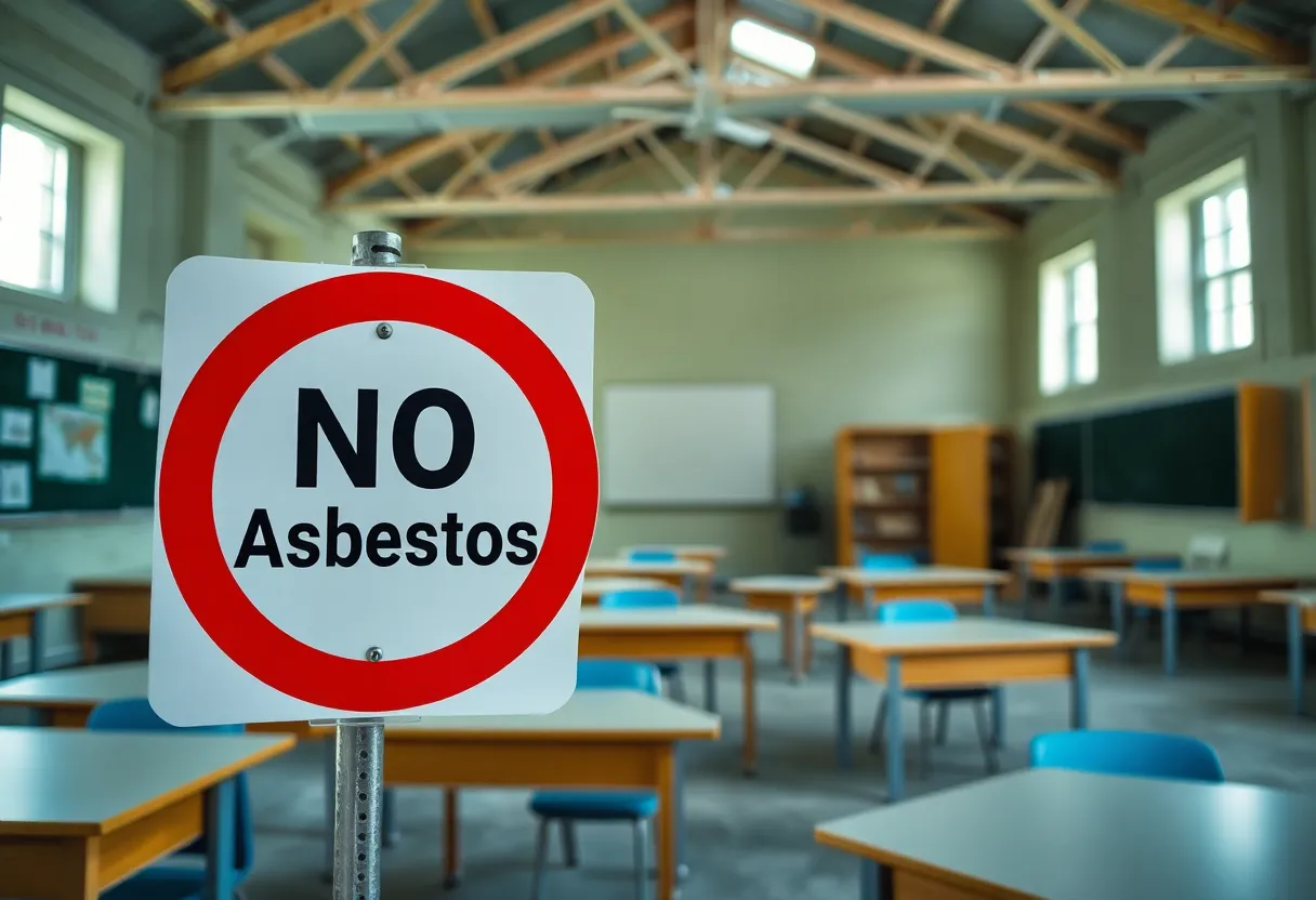 Construction site of a school with a 'No Asbestos' sign