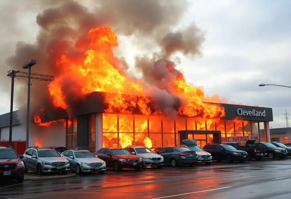 Firefighters battling a blaze at BYRIGHT Auto Sales in Cleveland.