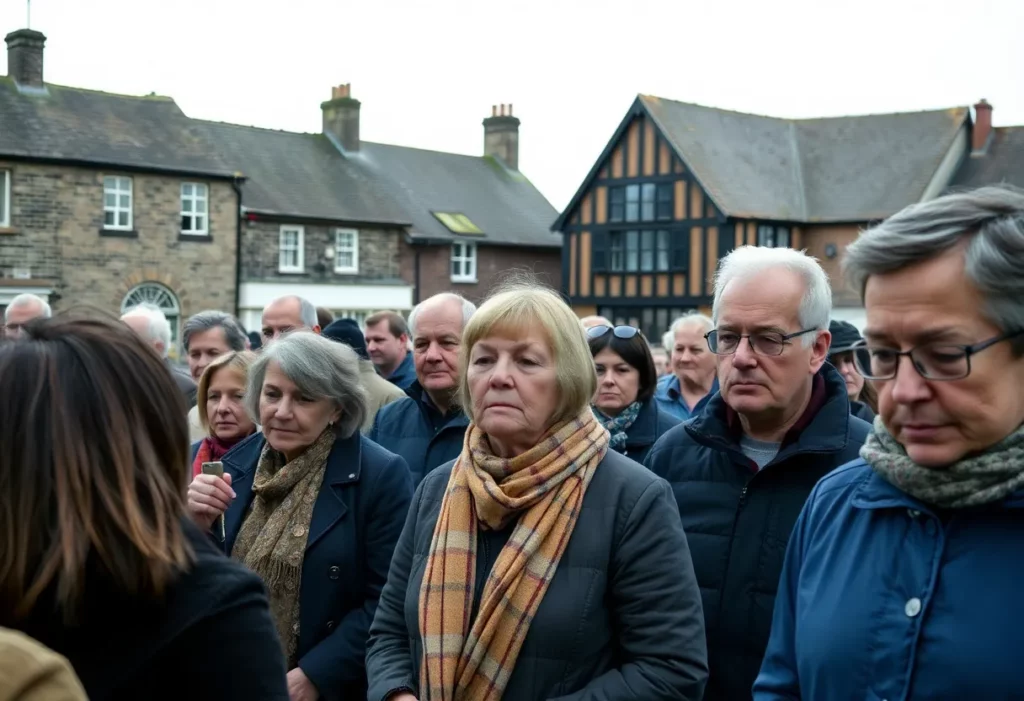 A somber community gathering in North Yorkshire discussing asbestos issues.