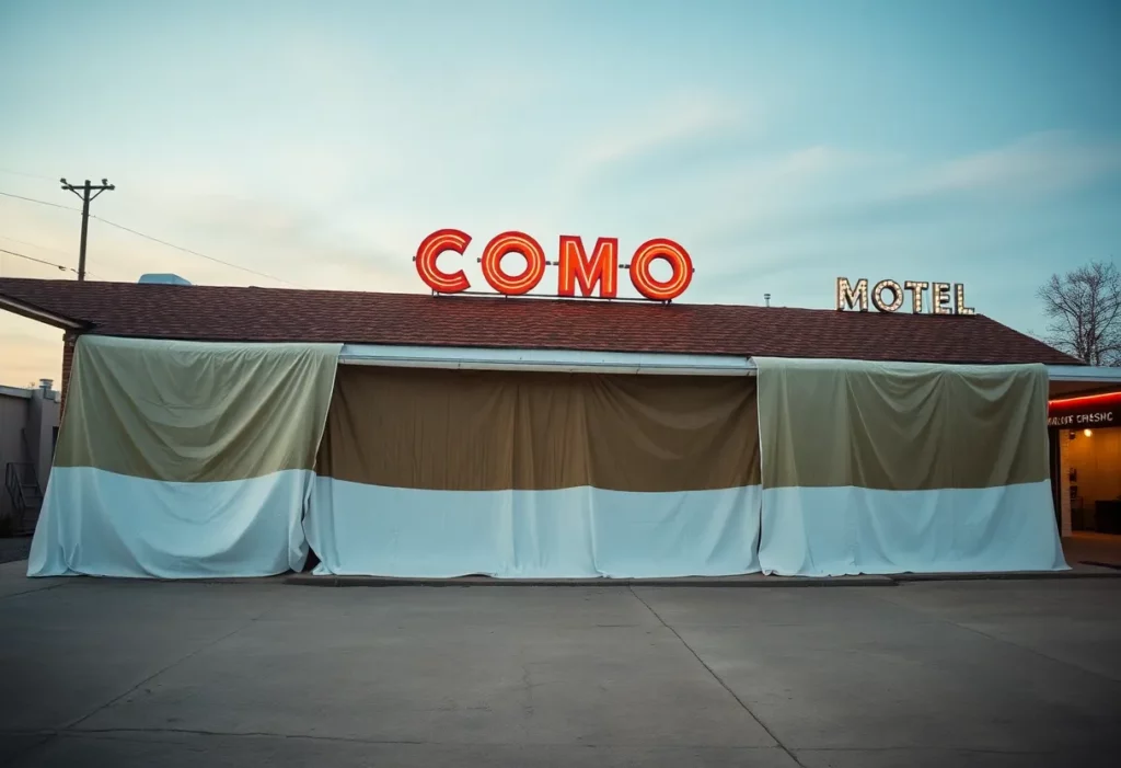Tarps covering the COMO Motel during asbestos remediation in Richardson, Texas.