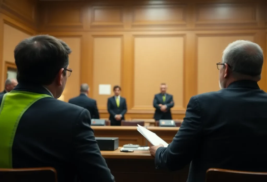 Courtroom scene depicting sentencing of contractor for asbestos hazards