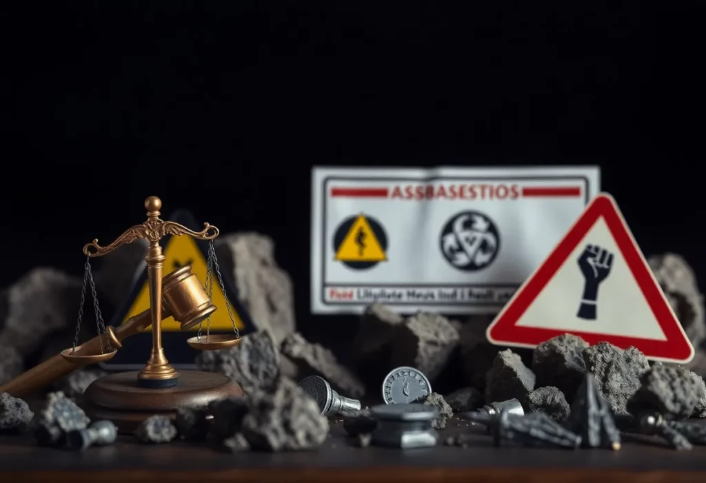 Graphic illustrating the concept of corporate accountability and the health risks associated with asbestos exposure.