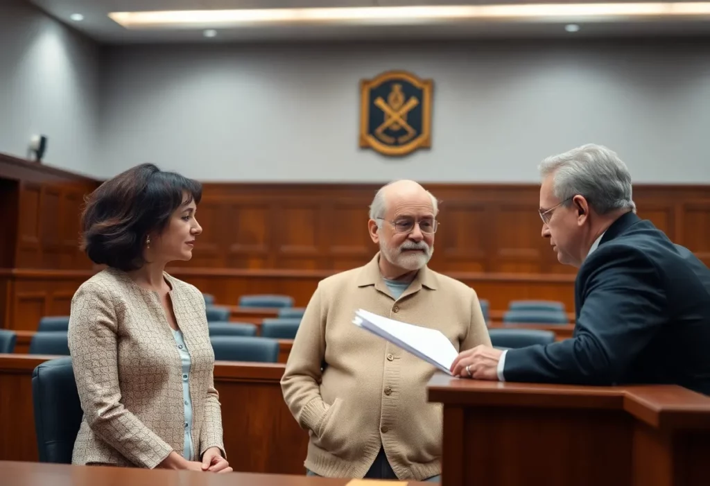A couple and their attorney in a courtroom setting discussing a mesothelioma lawsuit