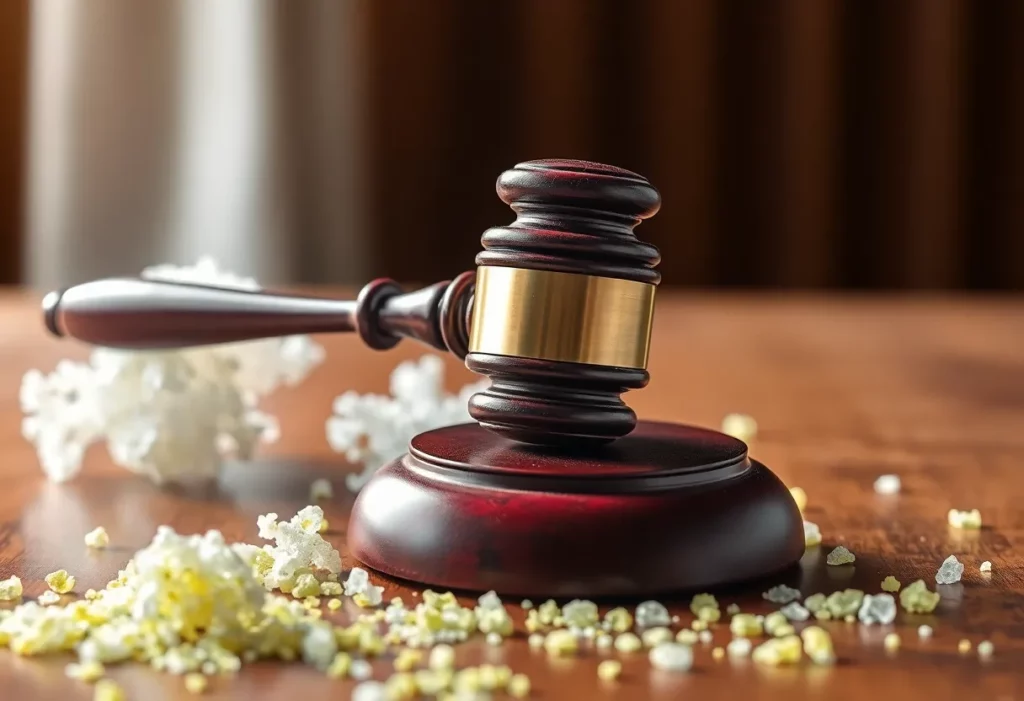 Gavel on court bench with asbestos fibers