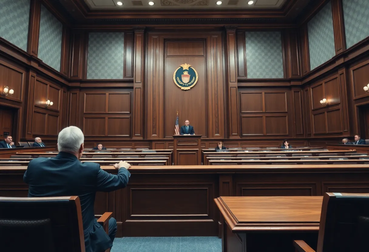 Courtroom scene illustrating a trial on asbestos exposure case.