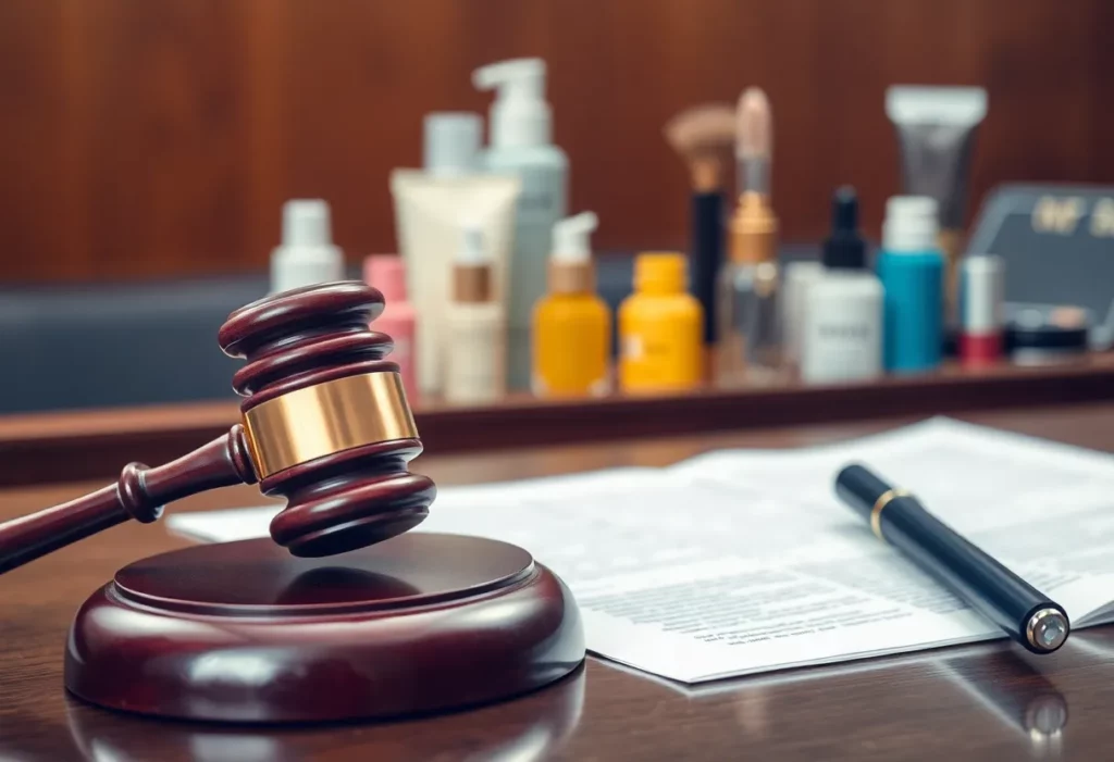 Courtroom scene depicting a legal battle over asbestos exposure in cosmetics