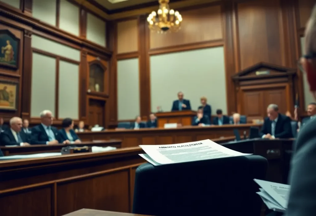 A dramatic courtroom setting with evidence related to talcum powder and asbestos.