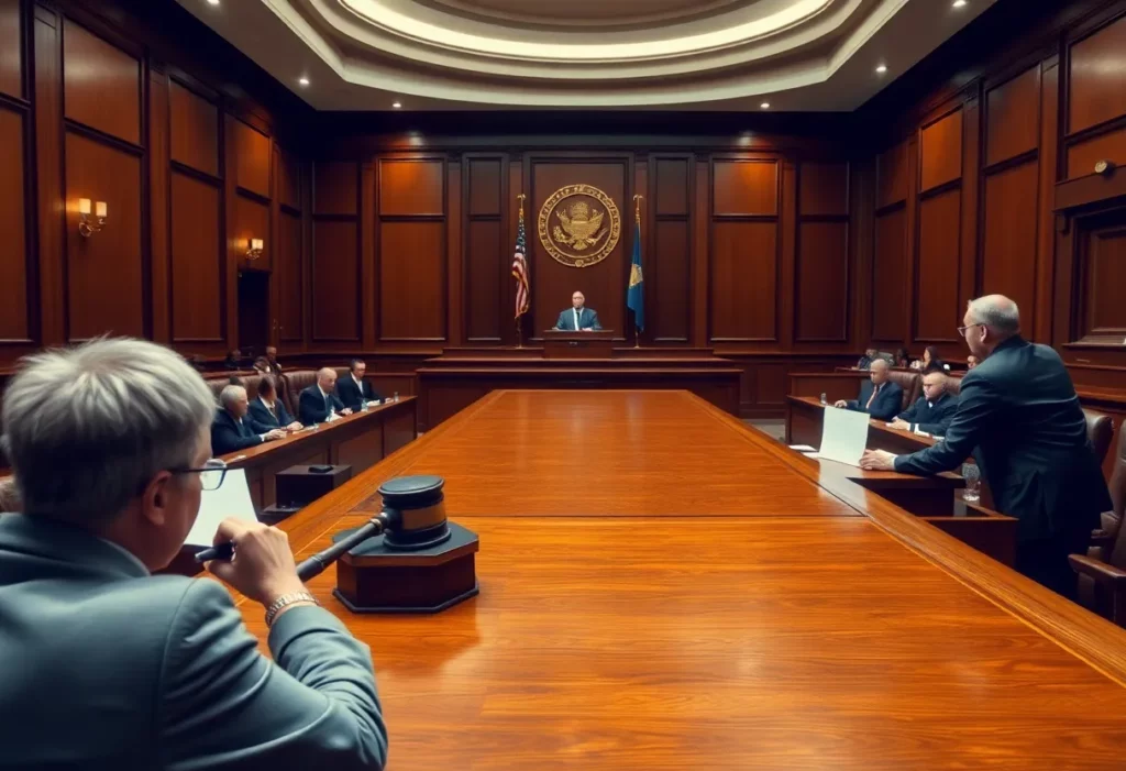 A courtroom with judges and lawyers discussing legal matters.