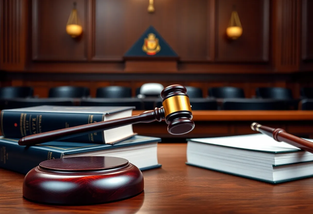 Courtroom with gavel and legal books representing mesothelioma case.