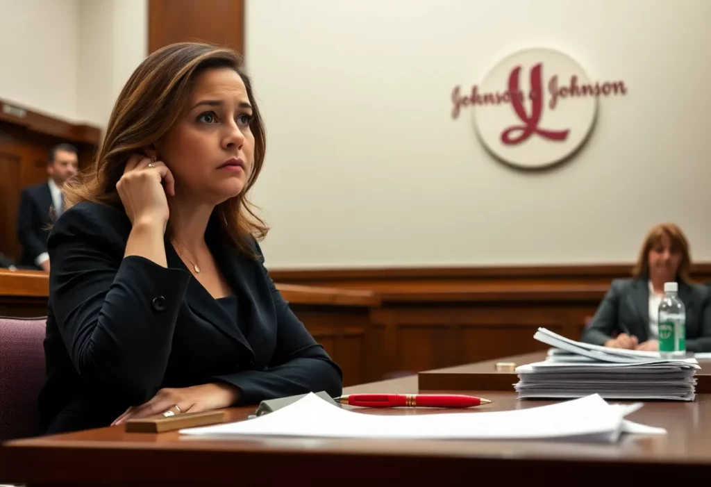 Courtroom scene depicting Johnson & Johnson talcum powder litigation
