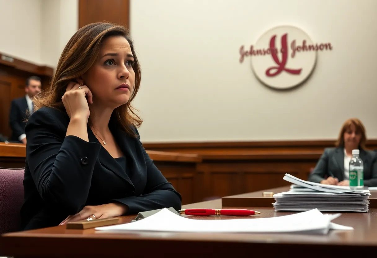 Courtroom scene depicting Johnson & Johnson talcum powder litigation