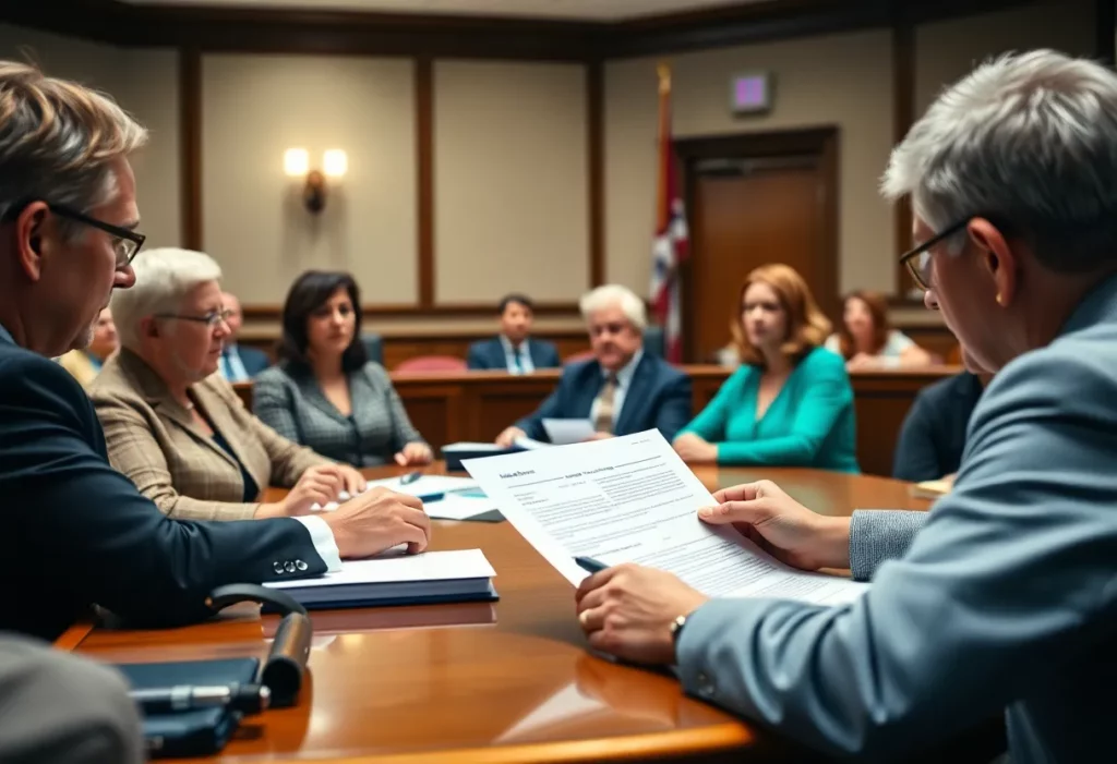 A courtroom scene with a jury delivering a verdict in a mesothelioma lawsuit.
