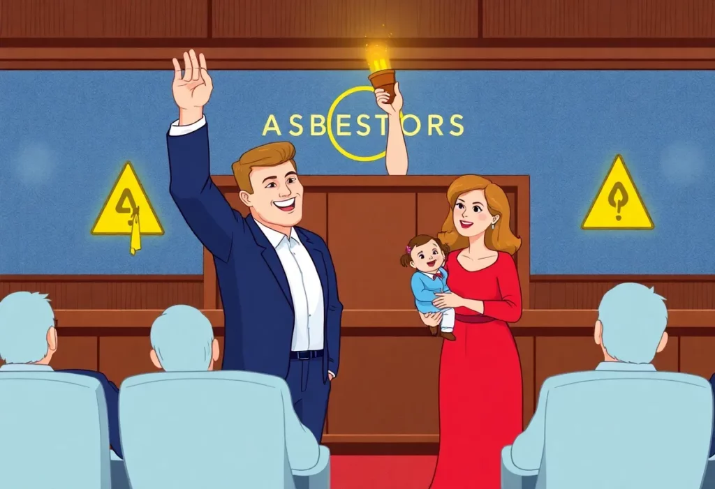 Family celebrating a legal victory against Asbestos Corp in a courtroom.