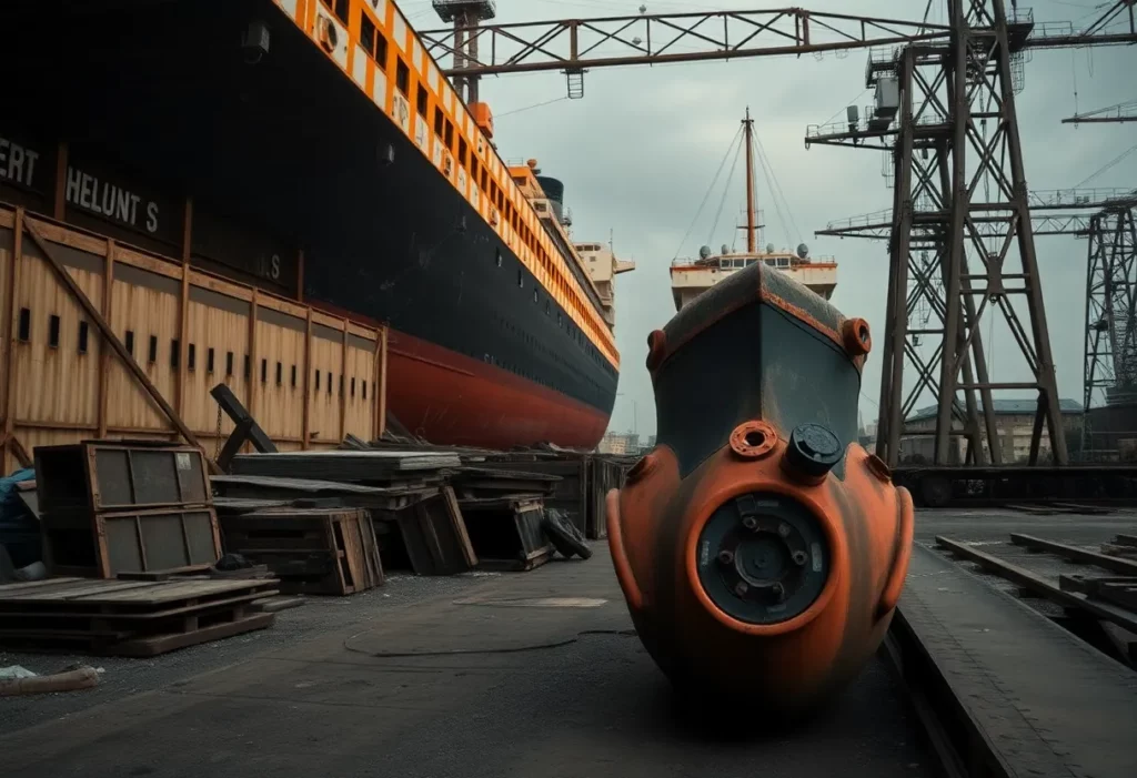An empty dockyard depicting shipbuilding materials associated with asbestos exposure.