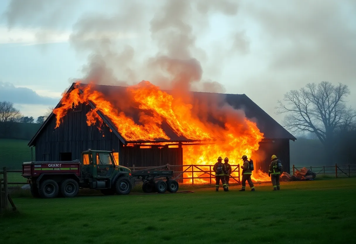 Firefighters battling a barn fire in Devon