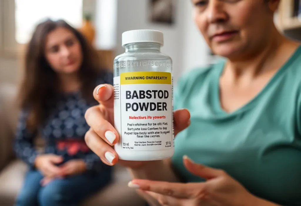 Dynacare Baby Powder with warning label about asbestos contamination