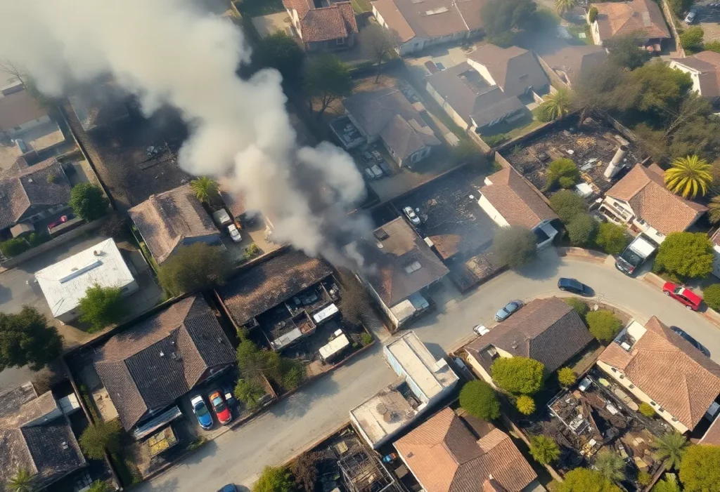 Burned properties in Altadena after the Eaton Fire, depicting concerns of asbestos contamination.