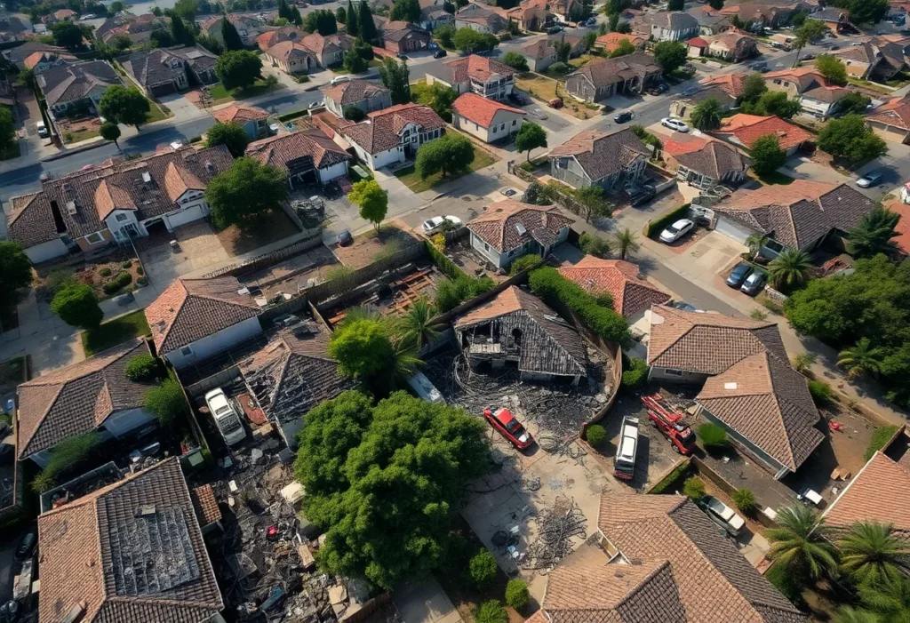 Cleanup efforts in Altadena following the Eaton Fire, showing damaged homes and environmental hazards.