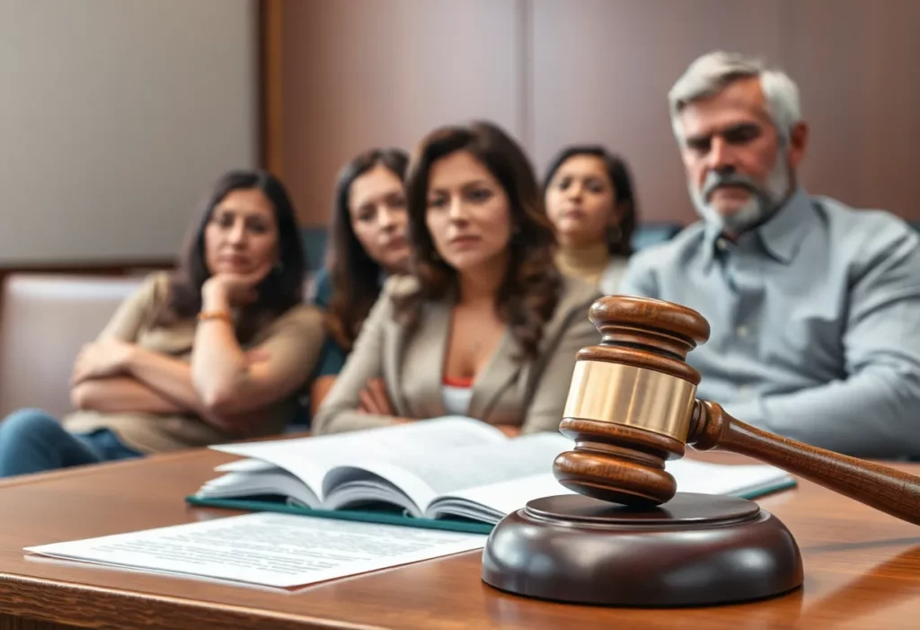 Family members in a courtroom during mesothelioma case proceedings