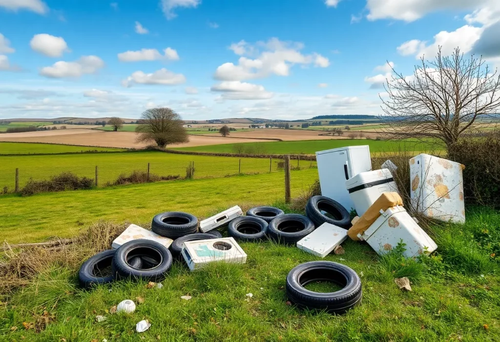 A rural landscape marred by fly tipping with waste items visible
