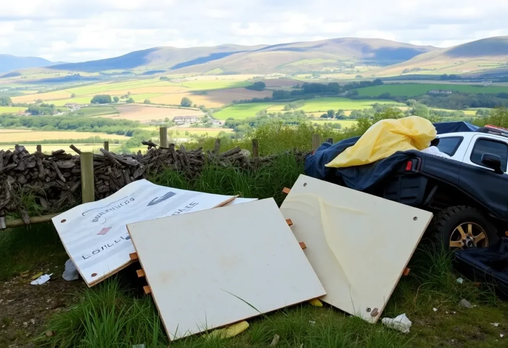 Fly-tipped hazardous waste in South Cumbria countryside