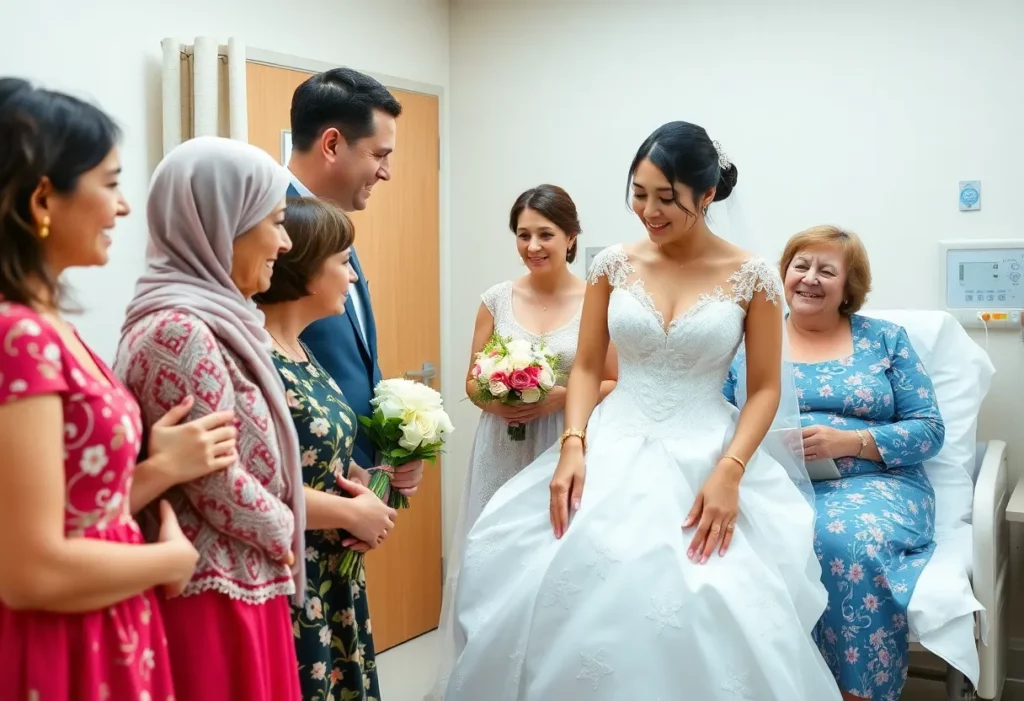 Bride and father sharing a moment during a wedding ceremony in a hospital.