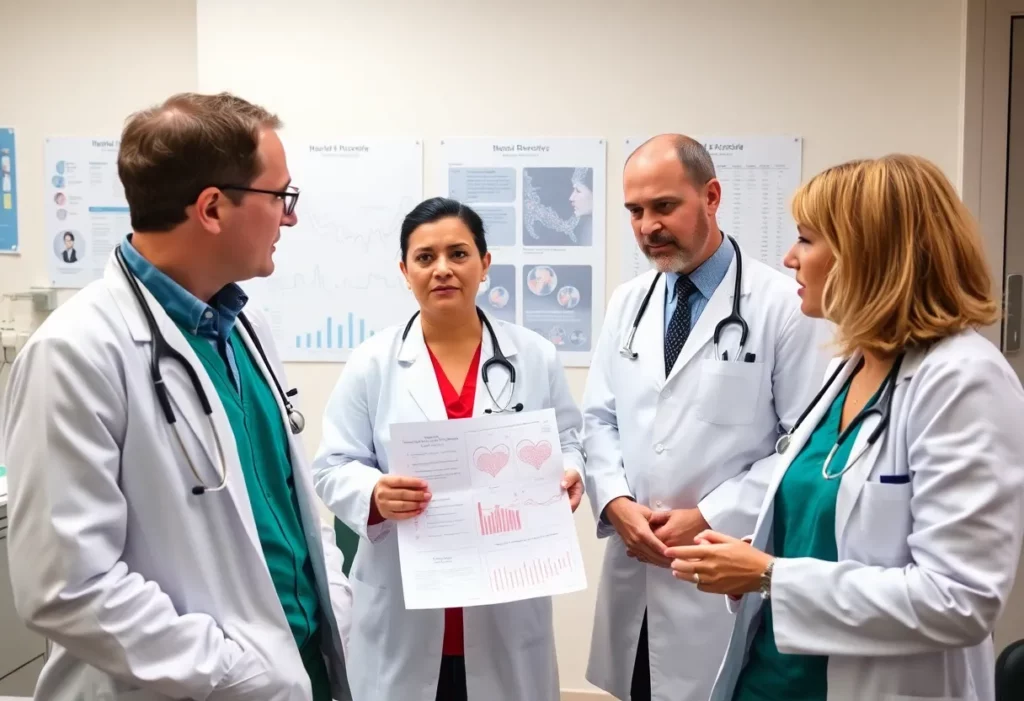 Doctors analyzing HER2-positive breast cancer treatment study data