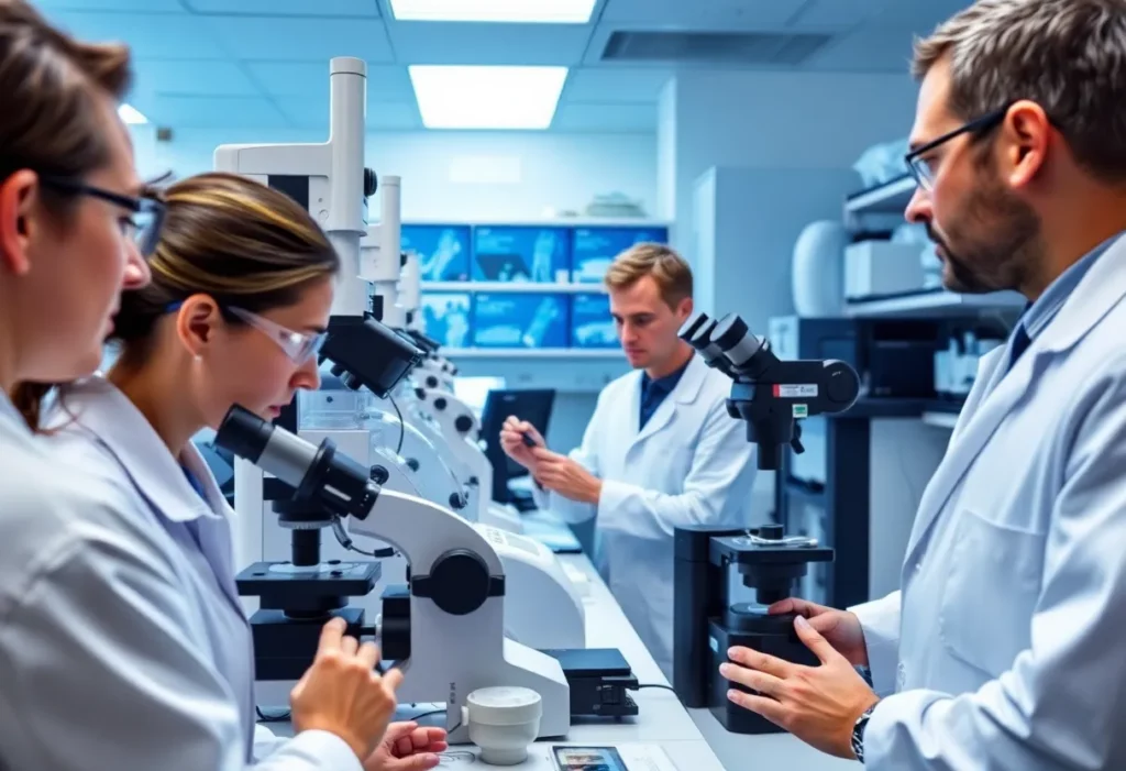 Researchers studying cancer cells in a laboratory