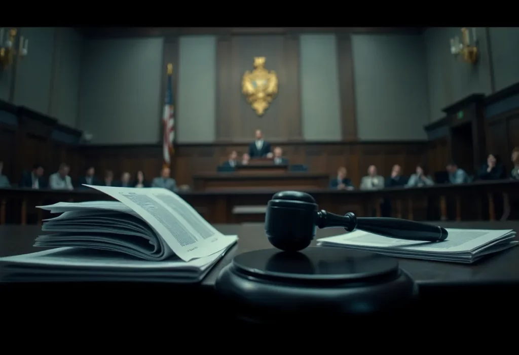 Courtroom scene depicting an inquest regarding asbestos exposure