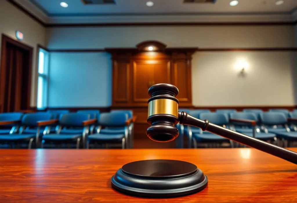 Empty courtroom seats and gavel representing an inquest