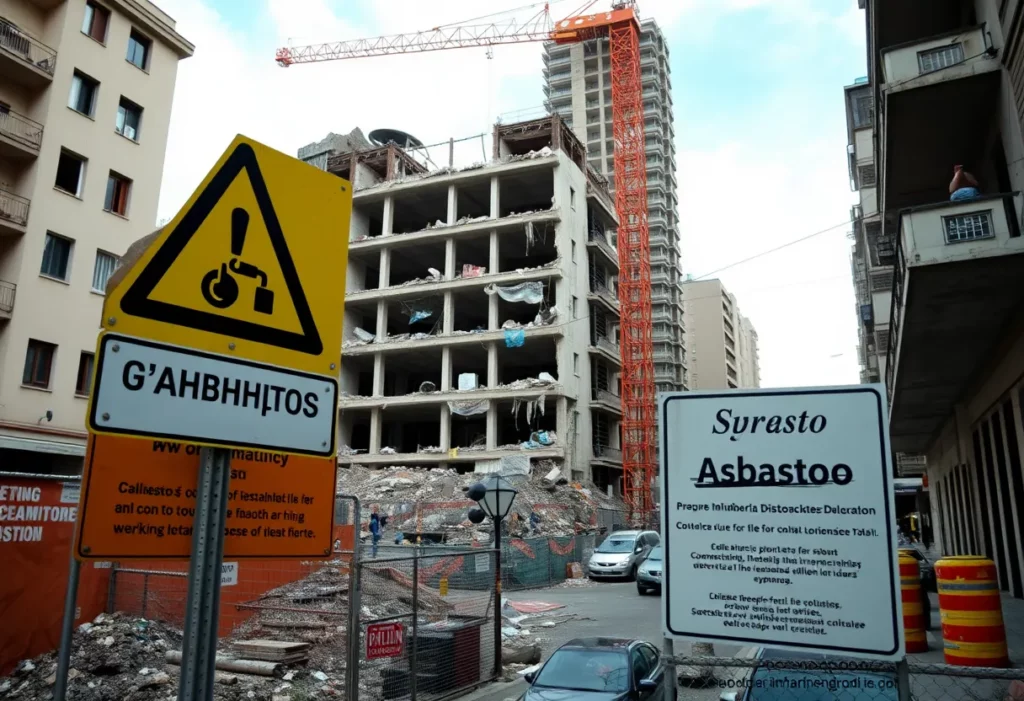 Demolition site in Istanbul with asbestos warning signs and ongoing construction.