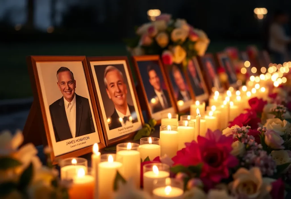 Memorial setup for actor James Houghton with candles and flowers