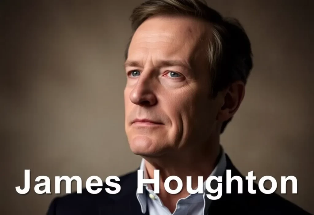 A portrait of James Houghton, iconic soap opera actor, surrounded by symbolic elements representing his career.