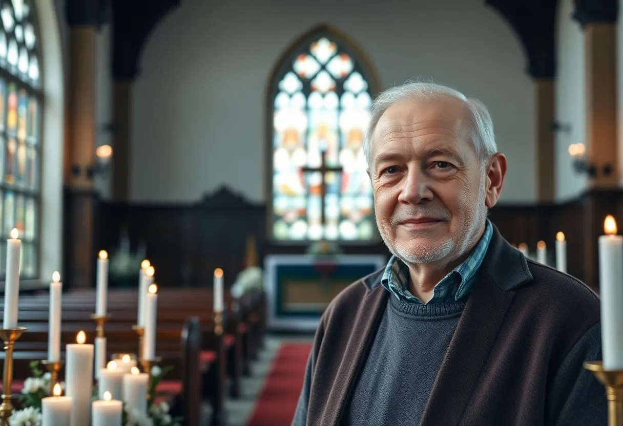 Memorial service dedicated to Jim Schuman with candles and flowers.