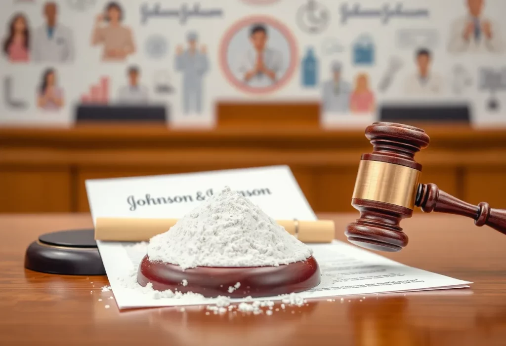 Courtroom depiction of the Johnson & Johnson talcum powder litigation.