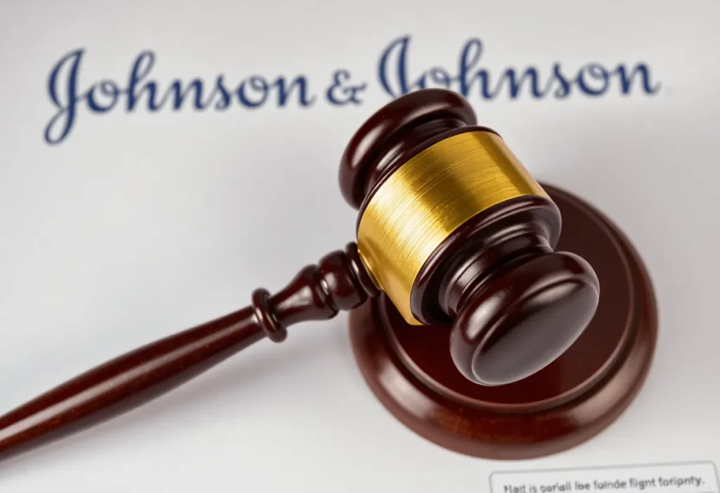 Court gavel and legal documents related to Johnson & Johnson asbestos lawsuit.