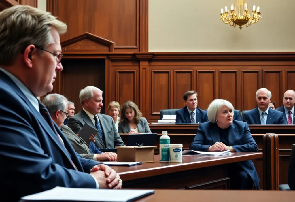 A courtroom illustration showcasing Johnson & Johnson facing legal challenges over asbestos accusations.