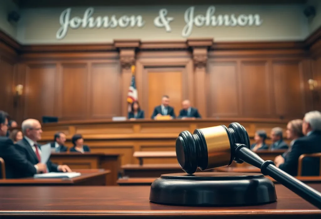 Courtroom scene depicting Johnson & Johnson talc litigation