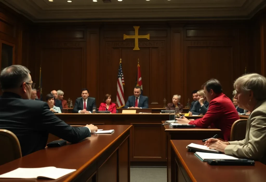 Courtroom scene with jury deliberating