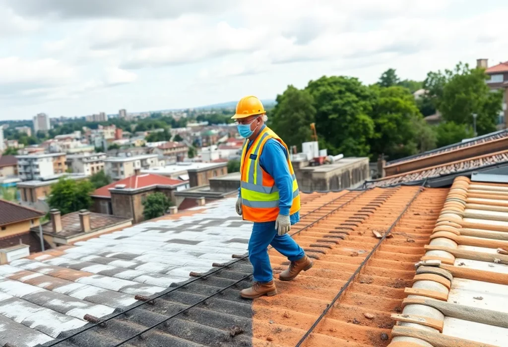 Workers removing asbestos from a roof in Kenya