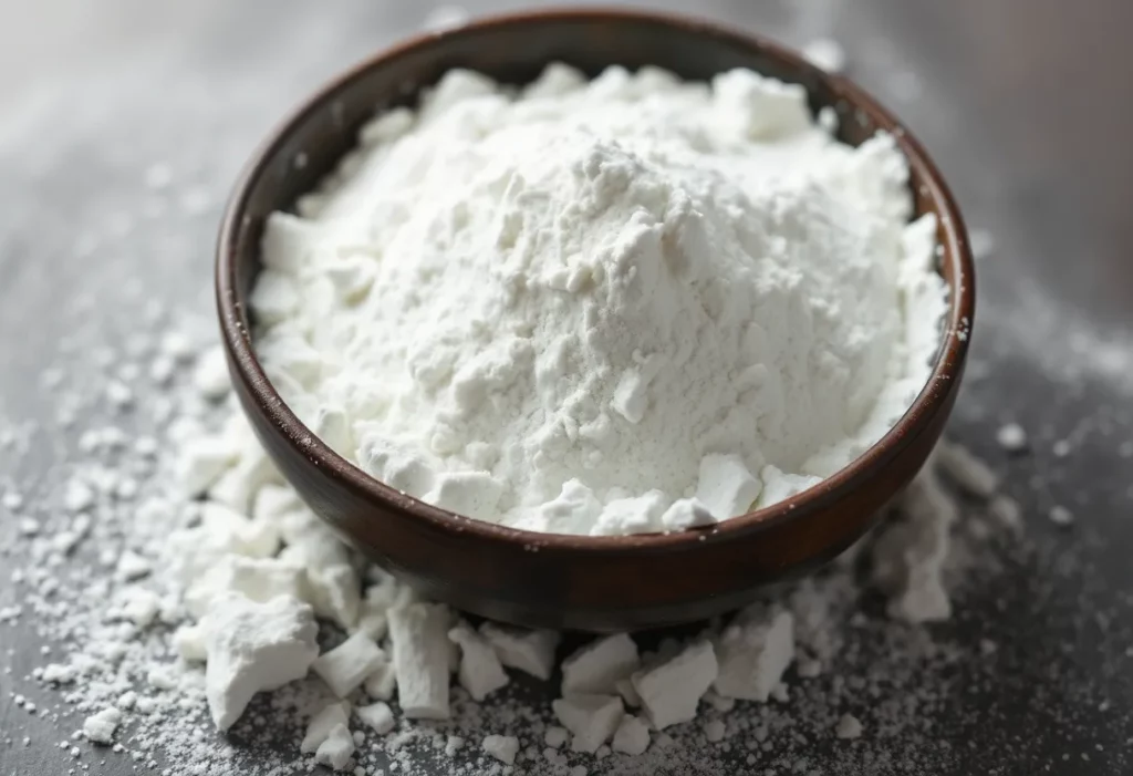 Illustration showing King’s Men Talc Powder alongside asbestos fibers.