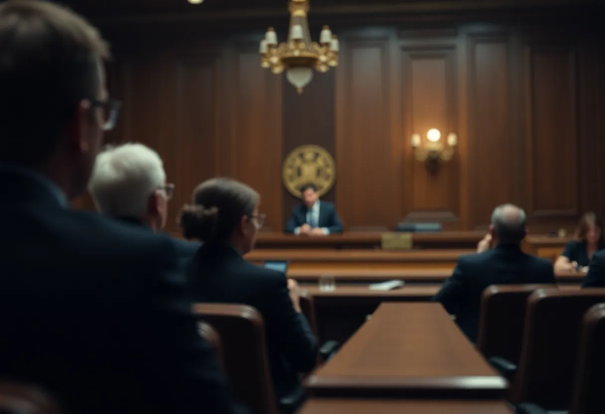 Courtroom scene symbolizing the struggle for justice against asbestos companies
