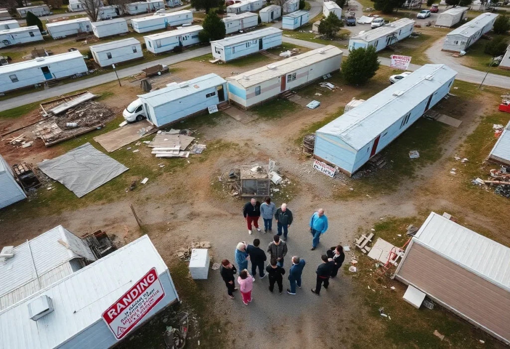 Inspection site at Li’l Abner Mobile Home Park showing debris and warning signs