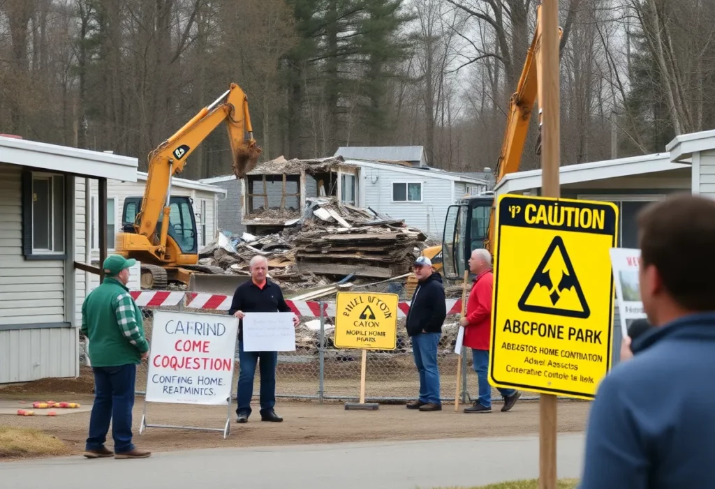 Demolition workers at Li'l Abner Mobile Home Park with residents protesting in the foreground.