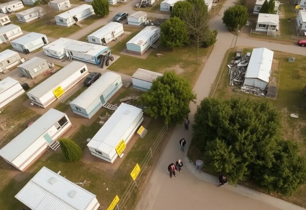 Demolition site of Li'l Abner Mobile Home Park with warning signs for asbestos.
