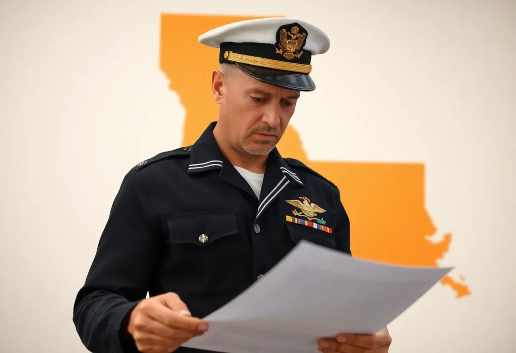 Navy veteran in uniform reviewing legal documents in Louisiana.