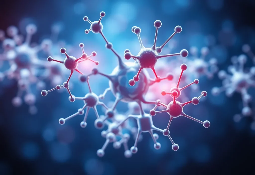 An abstract depiction of cancer research highlighting molecular structures related to malignant mesothelioma.