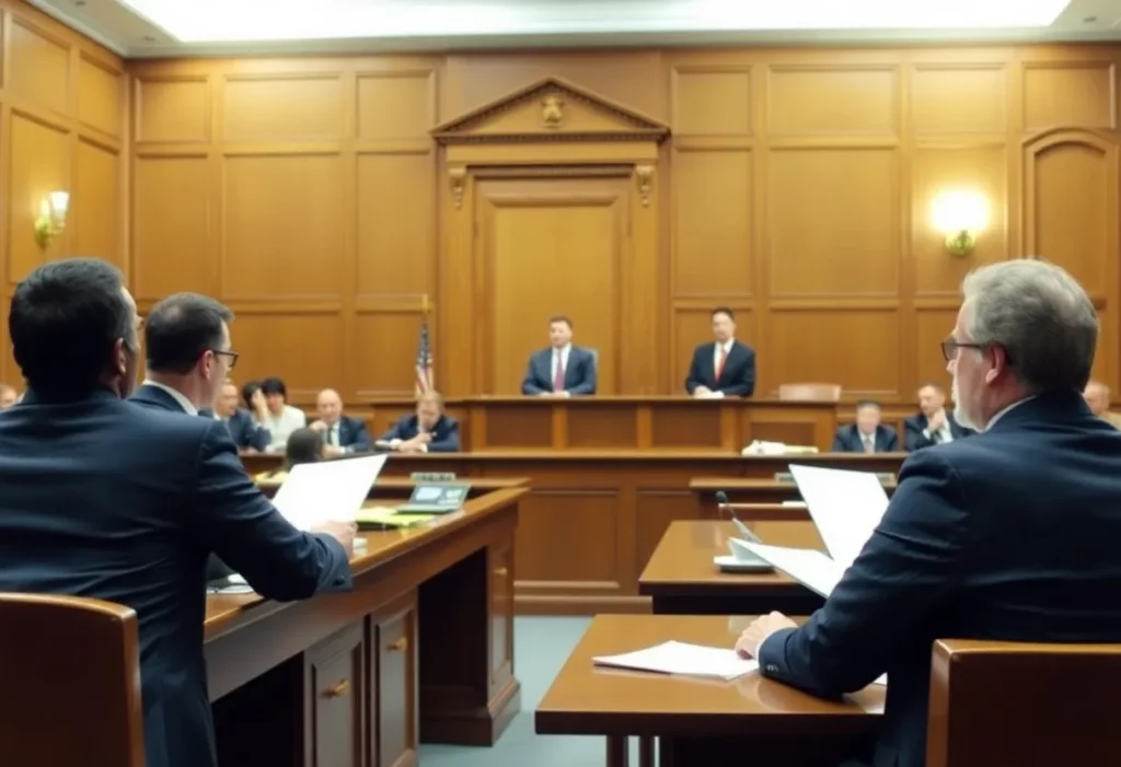 Courtroom scene showcasing legal battle over mesothelioma case
