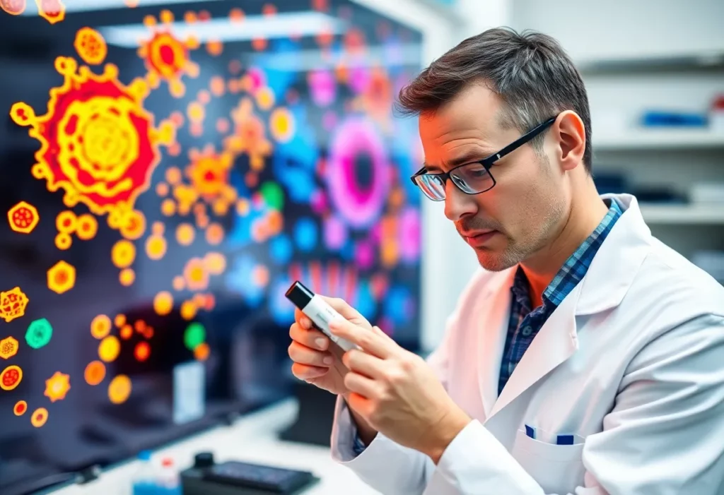 Scientist examining mesothelioma cell cultures with visuals of cell diversity.
